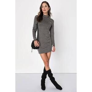 Lulus Cool Girl Status Black Print Mock Neck Long Sleeve Mini Dress - Size S
